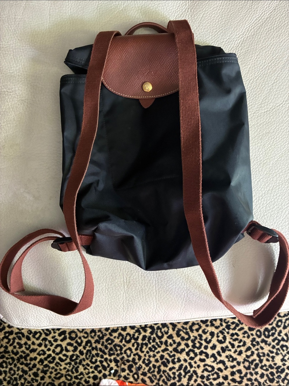 Longchamp Black Nylon Backpack with Brown Leather Flap and Straps